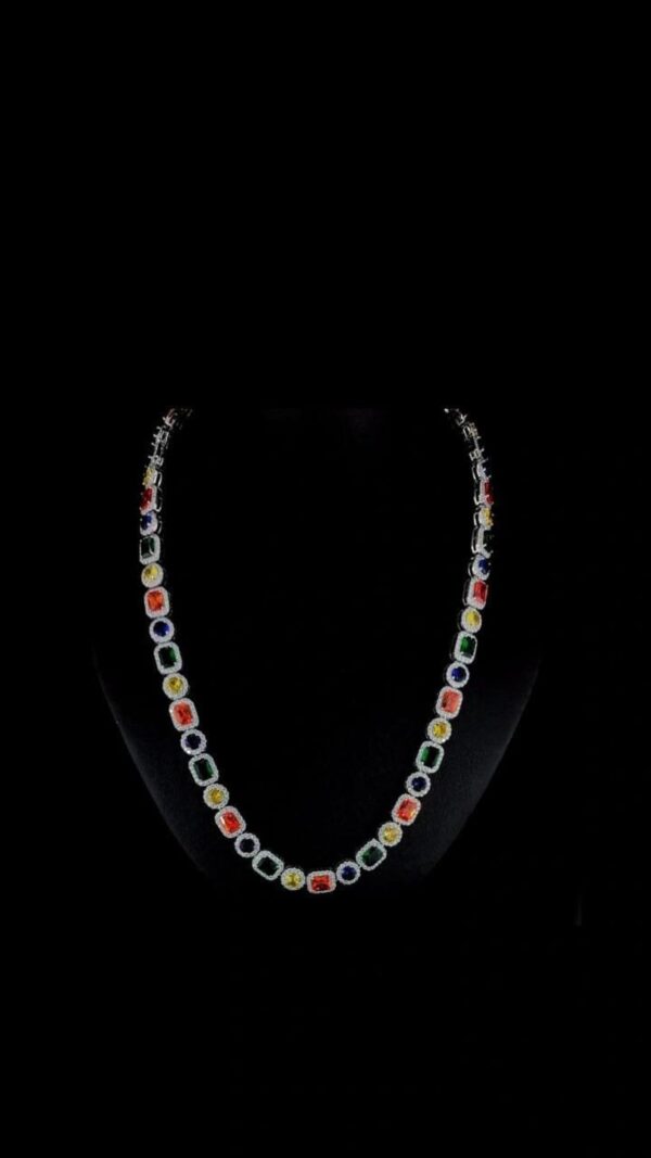 Multi Color Stone Diamond Necklace Made In 925 Sterling Silver Embellished With Shinny Moissanite Diamond For Birthday And Anniversary Gift