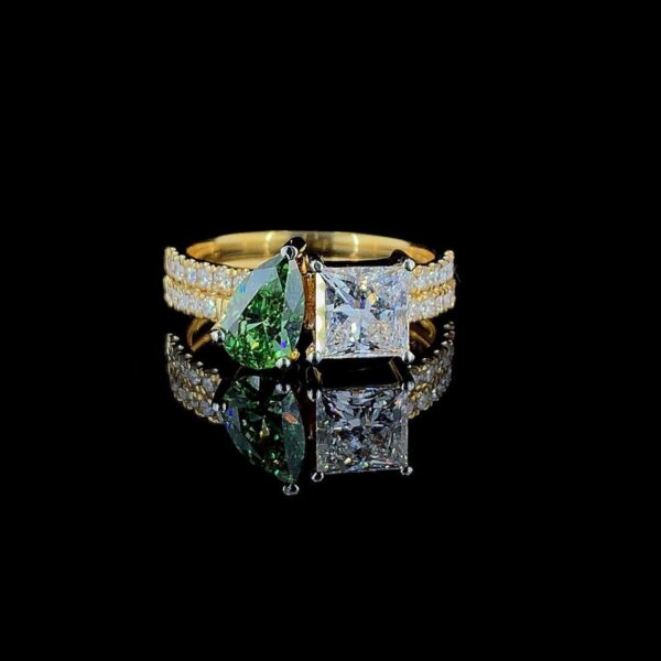 Luxury Green Pear & Princess Diamond Ring Combo Made In 18/14/10 KT Gold Studded With Certified Lab Diamonds For The Wedding Gift For Her