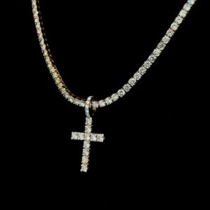 Iced Out Cross Pendant & Tennis Chain Set Made In 10 KT Gold Embellished With Shinny Moissanite Diamonds For The Birthday Gift Unisex Gift
