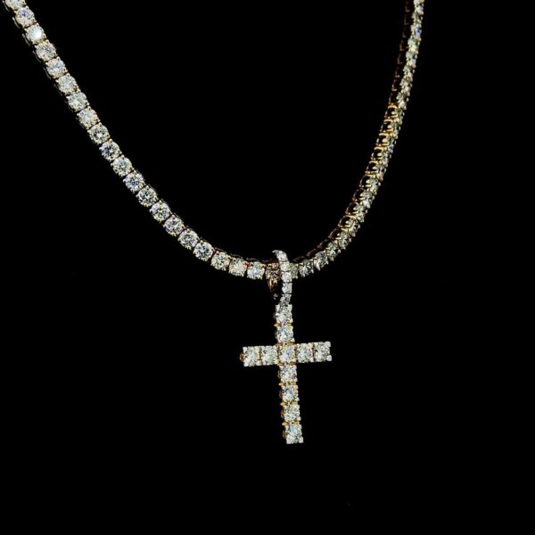Iced Out Cross Pendant & Tennis Chain Set Made In 10 KT Gold Embellished With Shinny Moissanite Diamonds For The Birthday Gift Unisex Gift