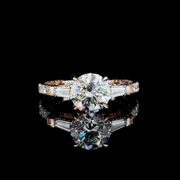 Exquisite Round Cut Diamond Ring with Baguette Made In 18 / 14 / 10 KT Gold Made In Shinny Moissanite Diamonds For The Anniversary Gift