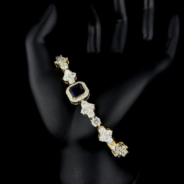 Luxury Diamond & Blue CZ Stone Bracelet Made In 10 KT Gold Embellished With Shinny Moissanite Diamonds For The Birthday And Anniversary Gift