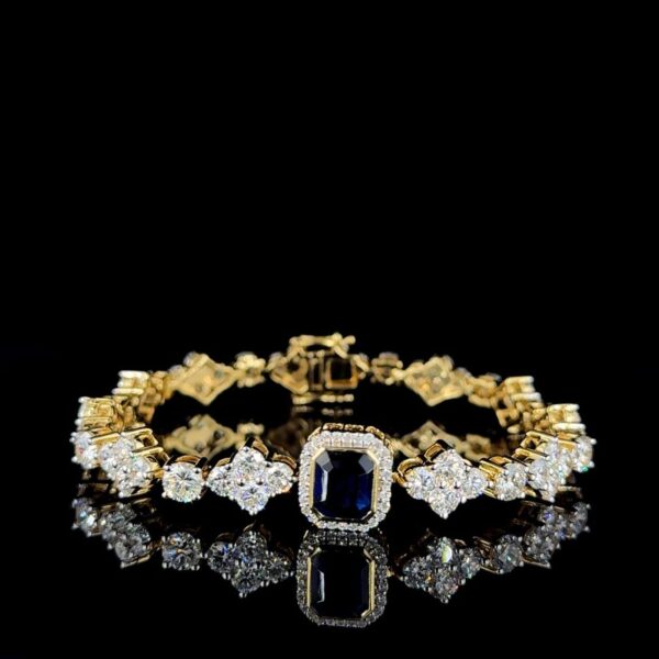 Luxury Diamond & Blue CZ Stone Bracelet Made In 10 KT Gold Embellished With Shinny Moissanite Diamonds For The Birthday And Anniversary Gift