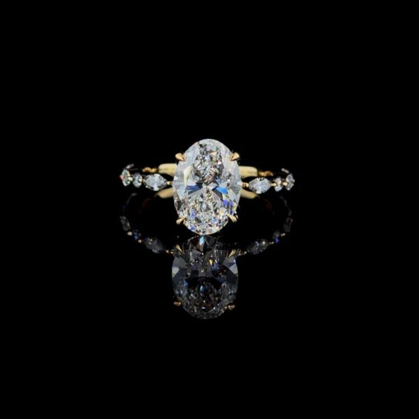 3 Ct Oval Cut Diamond Ring With Marquise Side Stone Made In 18/14/10 KT Gold Studded With Shinny Moissanite Diamonds For The Birthday Gift