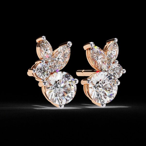 Elegant Marquise & Round Cut Cluster Diamond Stud Earrings Made In 18/14/10 KT Gold Studded With Certified Lab Diamonds For Anniversary Gift