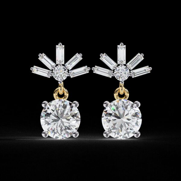 Round & Baguette Cut Diamond Drop Earrings Made In 18/14/10 KT Gold Studded With Certified Lab Diamond For The Anniversary And Birthday Gift