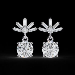 Round & Baguette Cut Diamond Drop Earrings Made In 18/14/10 KT Gold Studded With Certified Lab Diamond For The Anniversary And Birthday Gift