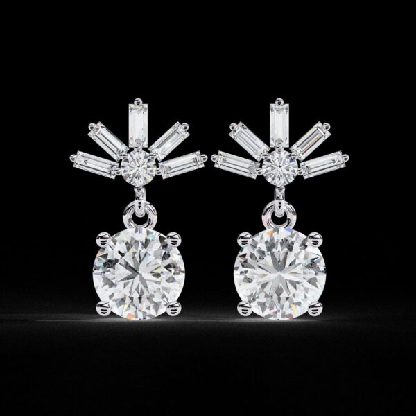 Round & Baguette Cut Diamond Drop Earrings Made In 18/14/10 KT Gold Studded With Certified Lab Diamond For The Anniversary And Birthday Gift