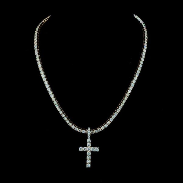 Iced Out Cross Pendant & Tennis Chain Set Made In 10 KT Gold Embellished With Shinny Moissanite Diamonds For The Birthday Gift Unisex Gift