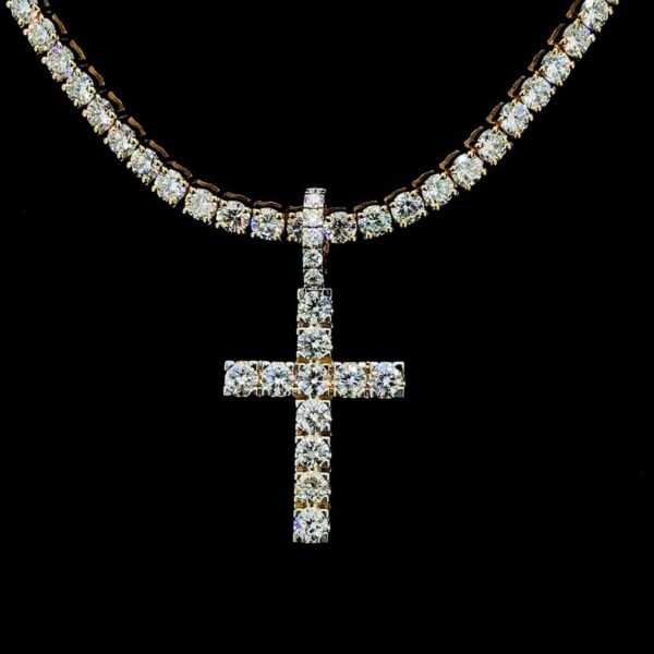 Iced Out Cross Pendant & Tennis Chain Set Made In 10 KT Gold Embellished With Shinny Moissanite Diamonds For The Birthday Gift Unisex Gift