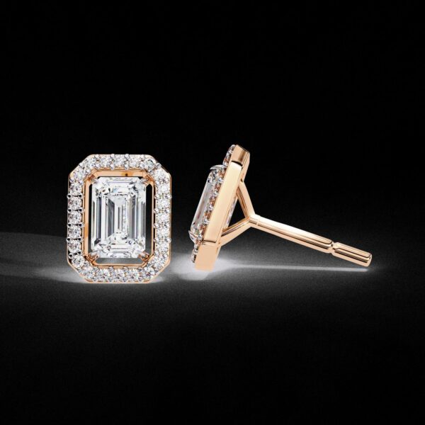 Emerald-Cut Diamond Halo Stud Earrings Made In 18 / 14 / 10 KT Gold Studded With Certified Lab Diamond For The Birthday And Anniversary Gift