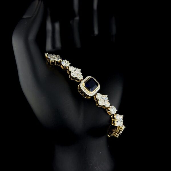 Luxury Diamond & Blue CZ Stone Bracelet Made In 10 KT Gold Embellished With Shinny Moissanite Diamonds For The Birthday And Anniversary Gift