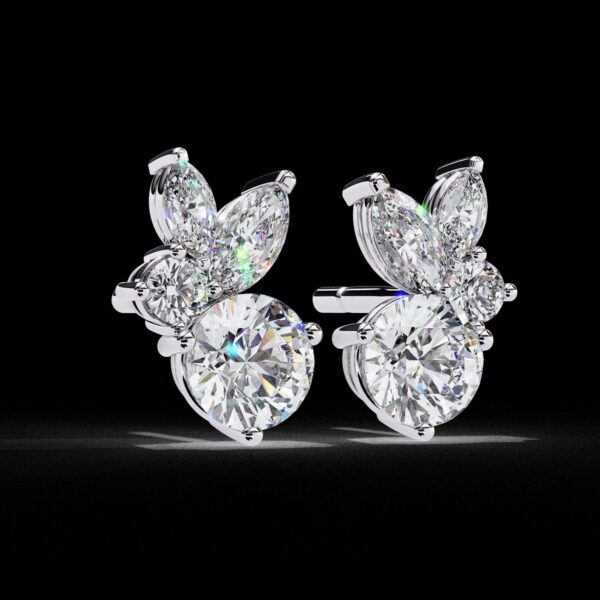 Elegant Marquise & Round Cut Cluster Diamond Stud Earrings Made In 18/14/10 KT Gold Studded With Certified Lab Diamonds For Anniversary Gift