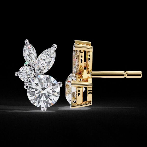 Elegant Marquise & Round Cut Cluster Diamond Stud Earrings Made In 18/14/10 KT Gold Studded With Certified Lab Diamonds For Anniversary Gift