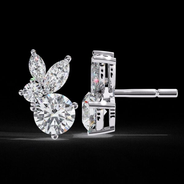 Elegant Marquise & Round Cut Cluster Diamond Stud Earrings Made In 18/14/10 KT Gold Studded With Certified Lab Diamonds For Anniversary Gift