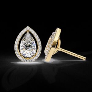 Elegant Drop Halo Pear Diamond Stud Earrings Made In 18/14/10 KT Gold Studded With Certified Lab Diamonds For The Anniversary Gift For Her
