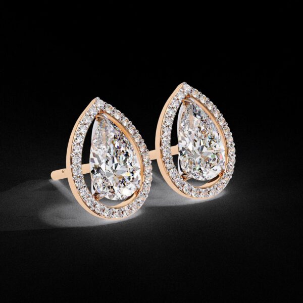 Elegant Drop Halo Pear Diamond Stud Earrings Made In 18/14/10 KT Gold Studded With Certified Lab Diamonds For The Anniversary Gift For Her