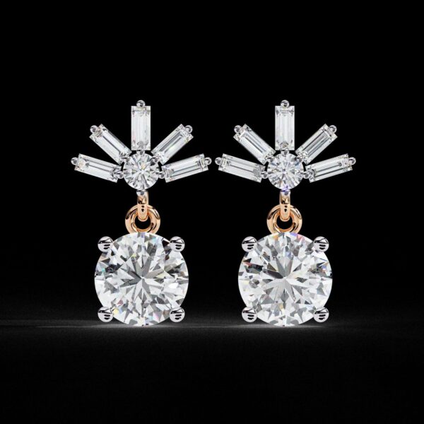 Round & Baguette Cut Diamond Drop Earrings Made In 18/14/10 KT Gold Studded With Certified Lab Diamond For The Anniversary And Birthday Gift