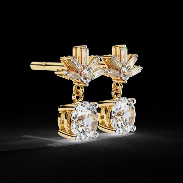 Round & Baguette Cut Diamond Drop Earrings Made In 18/14/10 KT Gold Studded With Certified Lab Diamond For The Anniversary And Birthday Gift