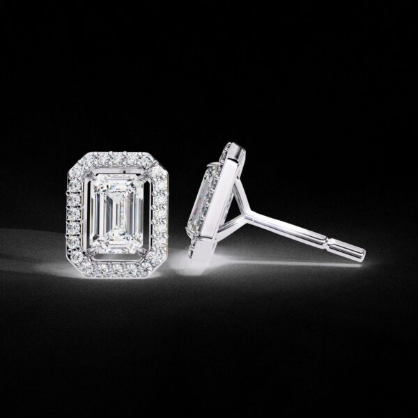 Emerald-Cut Diamond Halo Stud Earrings Made In 18 / 14 / 10 KT Gold Studded With Certified Lab Diamond For The Birthday And Anniversary Gift