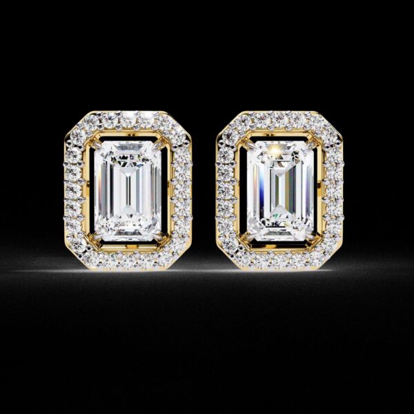 Emerald-Cut Diamond Halo Stud Earrings Made In 18 / 14 / 10 KT Gold Studded With Certified Lab Diamond For The Birthday And Anniversary Gift