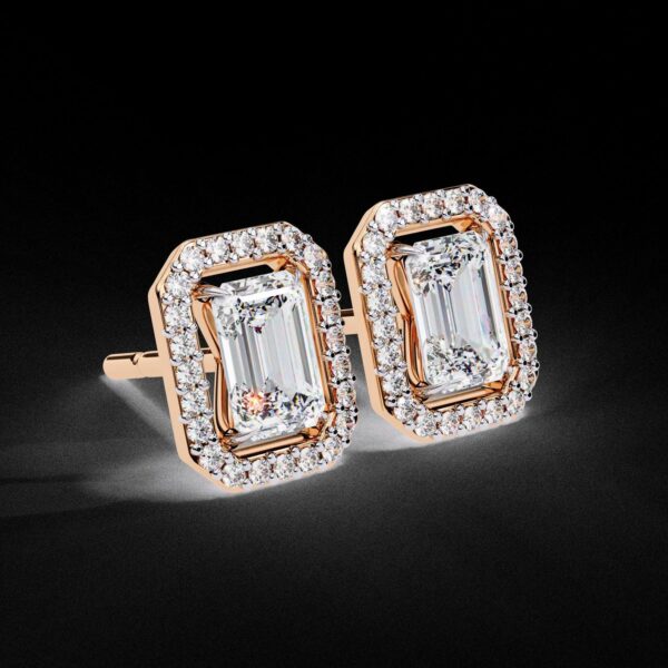 Emerald-Cut Diamond Halo Stud Earrings Made In 18 / 14 / 10 KT Gold Studded With Certified Lab Diamond For The Birthday And Anniversary Gift