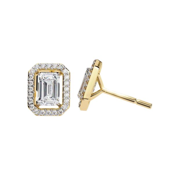 Emerald-Cut Diamond Halo Stud Earrings Made In 18 / 14 / 10 KT Gold Studded With Certified Lab Diamond For The Birthday And Anniversary Gift