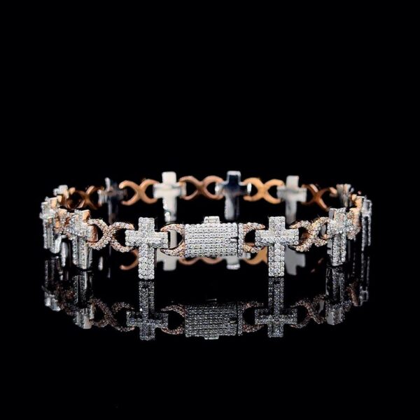 Iced Out Cross Style Unisex Bracelet Made In 10 KT Gold Embellished With Shinny Moissanite Diamonds For The Birthday And Unisex Gift