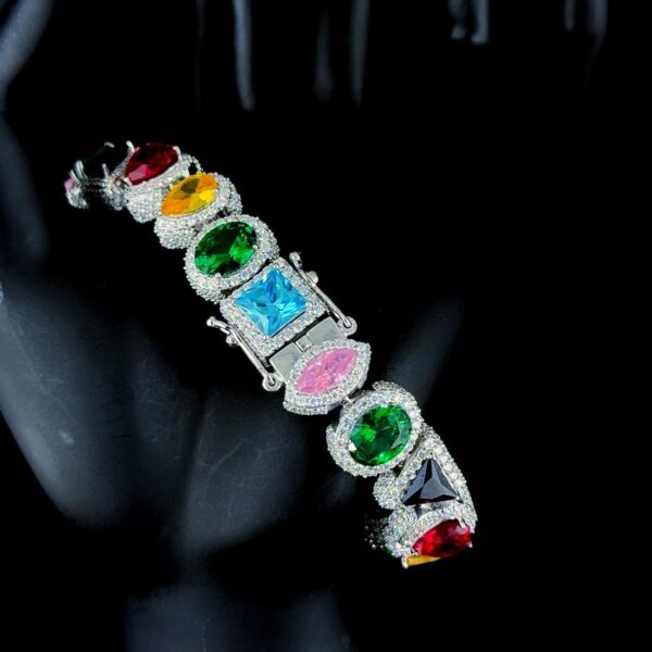 Iced Out Multi Color Bracelet Made In 925 Sterling Silver Studded With Shinny Moissanite Diamonds For The Birthday And Unisex Gift