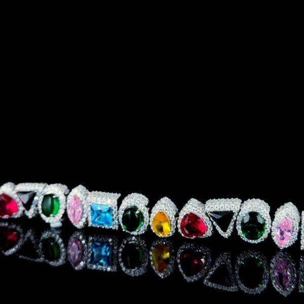 Iced Out Multi Color Bracelet Made In 925 Sterling Silver Studded With Shinny Moissanite Diamonds For The Birthday And Unisex Gift