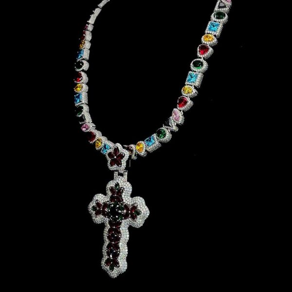 Luxury Multicolor Gemstone Cross Pendant Necklace Made In 925Sterling Siler Embellished With Shinny Moissanite Diamond For The Birthday Gift