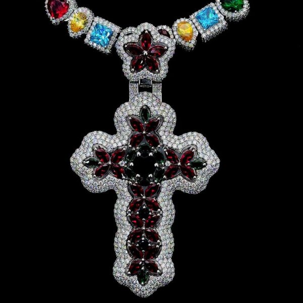Luxury Multicolor Gemstone Cross Pendant Necklace Made In 925Sterling Siler Embellished With Shinny Moissanite Diamond For The Birthday Gift