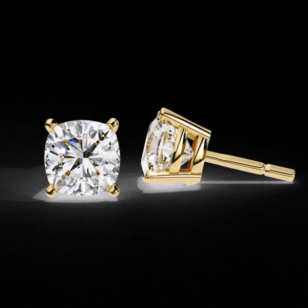 Classic Cushion Cut Stud Earrings Made In 18 / 14 / 10 KT Gold Embellished With Certified Lab Diamonds For Anniversary And Birthday Gift