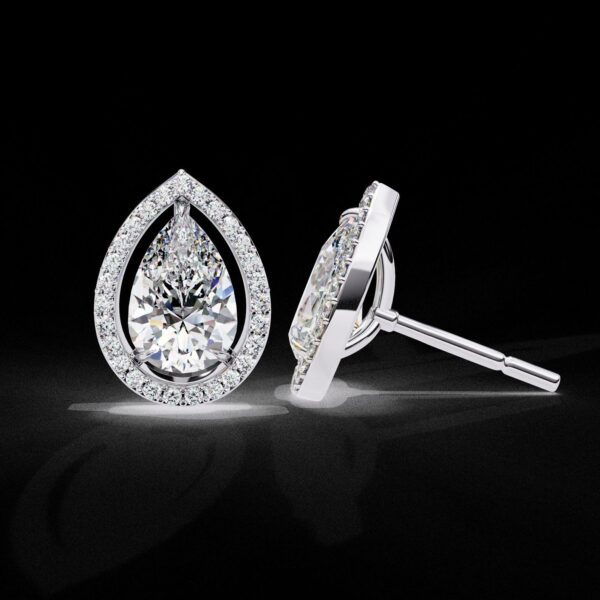 Elegant Drop Halo Pear Diamond Stud Earrings Made In 18/14/10 KT Gold Studded With Certified Lab Diamonds For The Anniversary Gift For Her