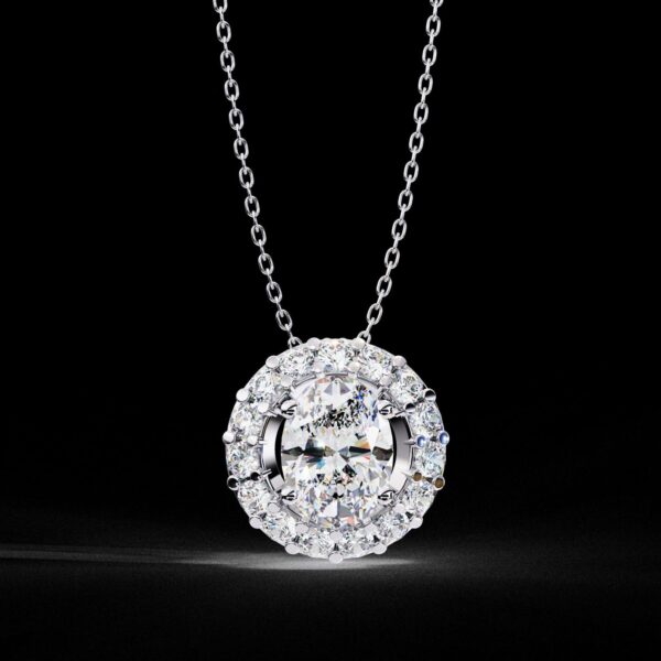 Elegant Oval-Cut Halo Diamond Pendant Made In 18 / 14 / 10 KT Gold Embellished With Certified Lab Diamonds For Anniversary And Birthday Gift