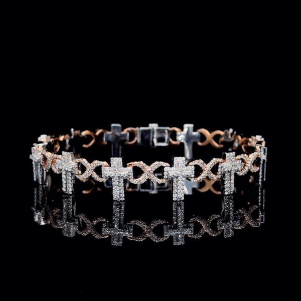 Iced Out Cross Style Unisex Bracelet Made In 10 KT Gold Embellished With Shinny Moissanite Diamonds For The Birthday And Unisex Gift
