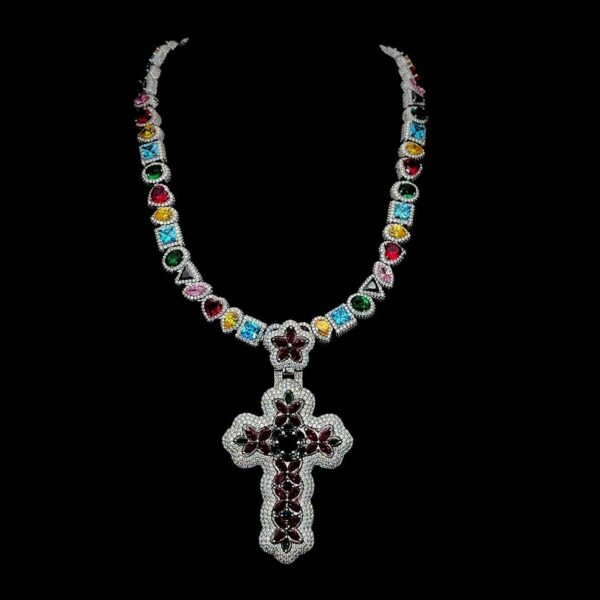 Luxury Multicolor Gemstone Cross Pendant Necklace Made In 925Sterling Siler Embellished With Shinny Moissanite Diamond For The Birthday Gift