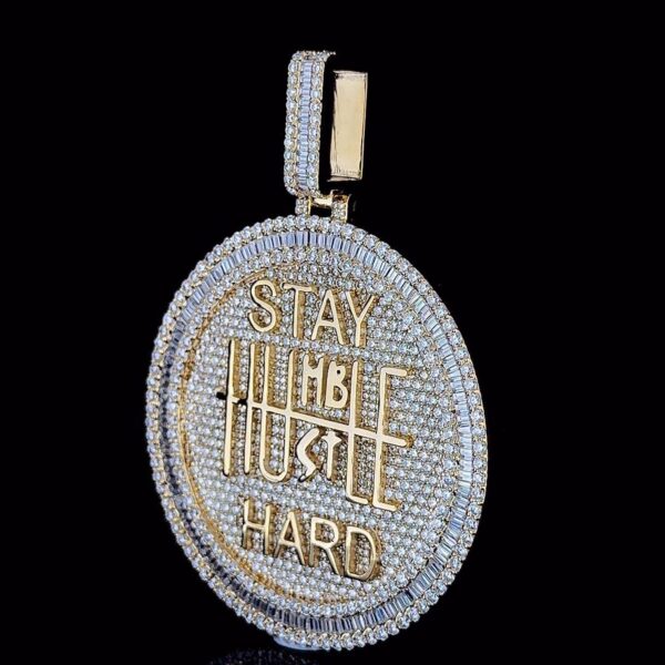 Iced Out 'Stay Humble Hustle Hard' Pendant Made In 925 Sterling Silver Studded With Shinny Moissanite Diamonds For The Birthday Gift