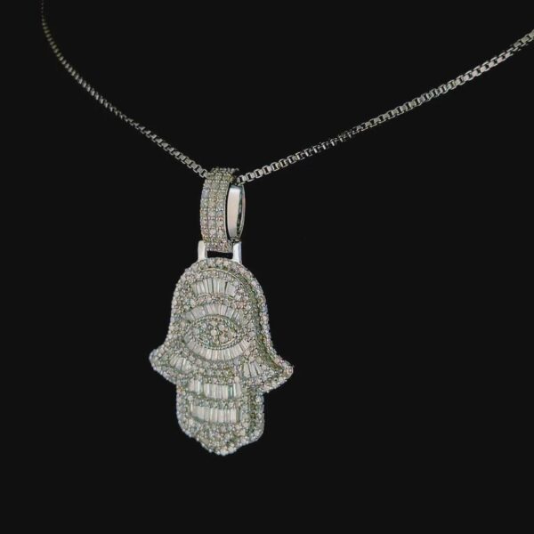 Sparkling Hamsa Evil Eye Pendant Made In 925 Sterling Silver Studded With Shinny Moissanite Diamonds For The Birthday Gift , Unisex Pendant