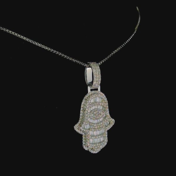 Sparkling Hamsa Evil Eye Pendant Made In 925 Sterling Silver Studded With Shinny Moissanite Diamonds For The Birthday Gift , Unisex Pendant