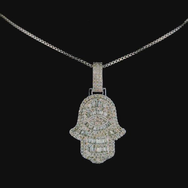 Sparkling Hamsa Evil Eye Pendant Made In 925 Sterling Silver Studded With Shinny Moissanite Diamonds For The Birthday Gift , Unisex Pendant