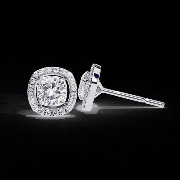 Gold Cushion Halo Stud Earrings Made In 18 / 14 / 10 KT Gold Embellished With Certified Lab Diamonds For The Anniversary And Wedding Gift