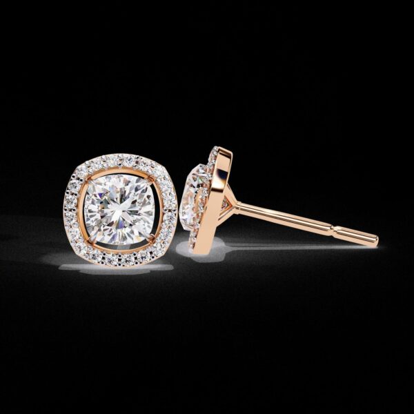 Gold Cushion Halo Stud Earrings Made In 18 / 14 / 10 KT Gold Embellished With Certified Lab Diamonds For The Anniversary And Wedding Gift