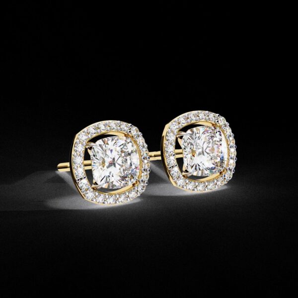 Gold Cushion Halo Stud Earrings Made In 18 / 14 / 10 KT Gold Embellished With Certified Lab Diamonds For The Anniversary And Wedding Gift