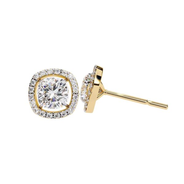 Gold Cushion Halo Stud Earrings Made In 18 / 14 / 10 KT Gold Embellished With Certified Lab Diamonds For The Anniversary And Wedding Gift
