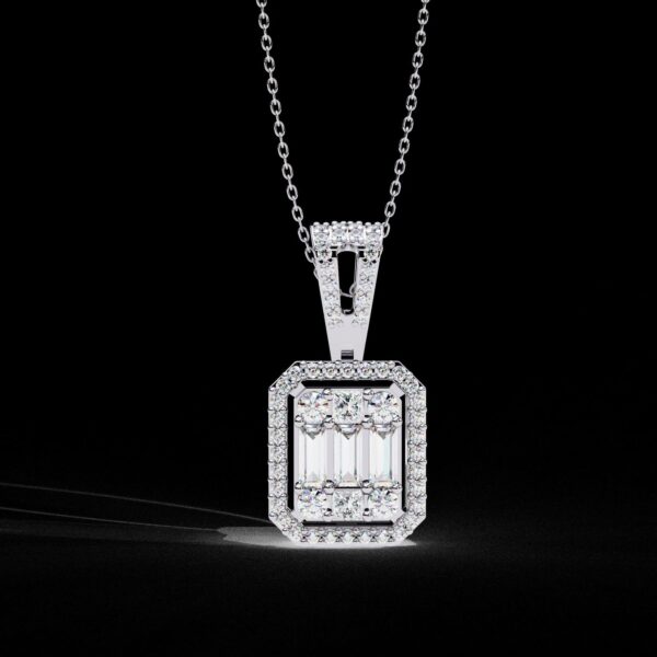 Emerald-Cut Halo Pendant with Baguette and Round Made In 18/14/10KT Gold Studded With Certified Lab Diamond For The Anniversary Gift For Her