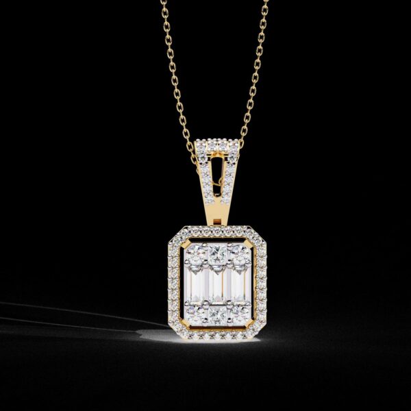 Emerald-Cut Halo Pendant with Baguette and Round Made In 18/14/10KT Gold Studded With Certified Lab Diamond For The Anniversary Gift For Her