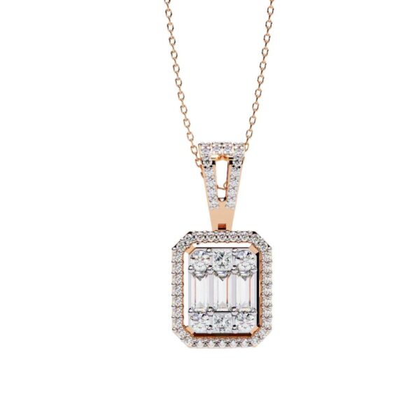 Emerald-Cut Halo Pendant with Baguette and Round Made In 18/14/10KT Gold Studded With Certified Lab Diamond For The Anniversary Gift For Her
