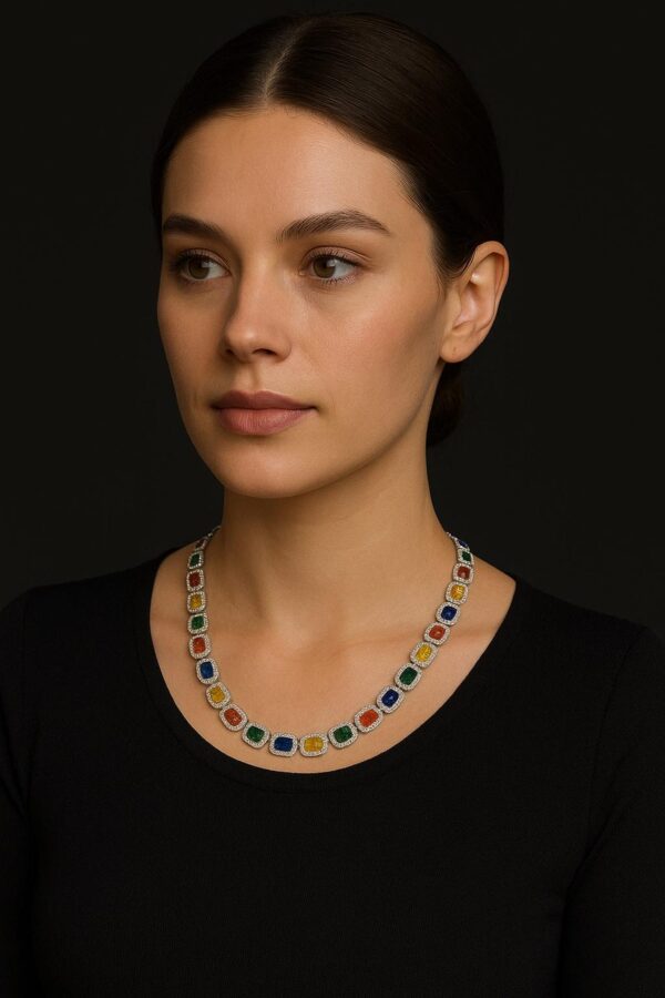 Multi Color Stone Diamond Necklace Made In 925 Sterling Silver Embellished With Shinny Moissanite Diamond For Birthday And Anniversary Gift