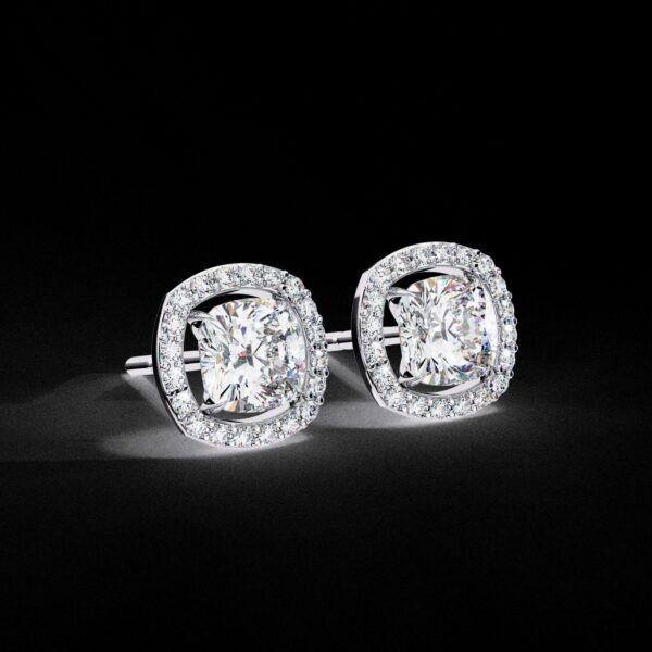 Gold Cushion Halo Stud Earrings Made In 18 / 14 / 10 KT Gold Embellished With Certified Lab Diamonds For The Anniversary And Wedding Gift